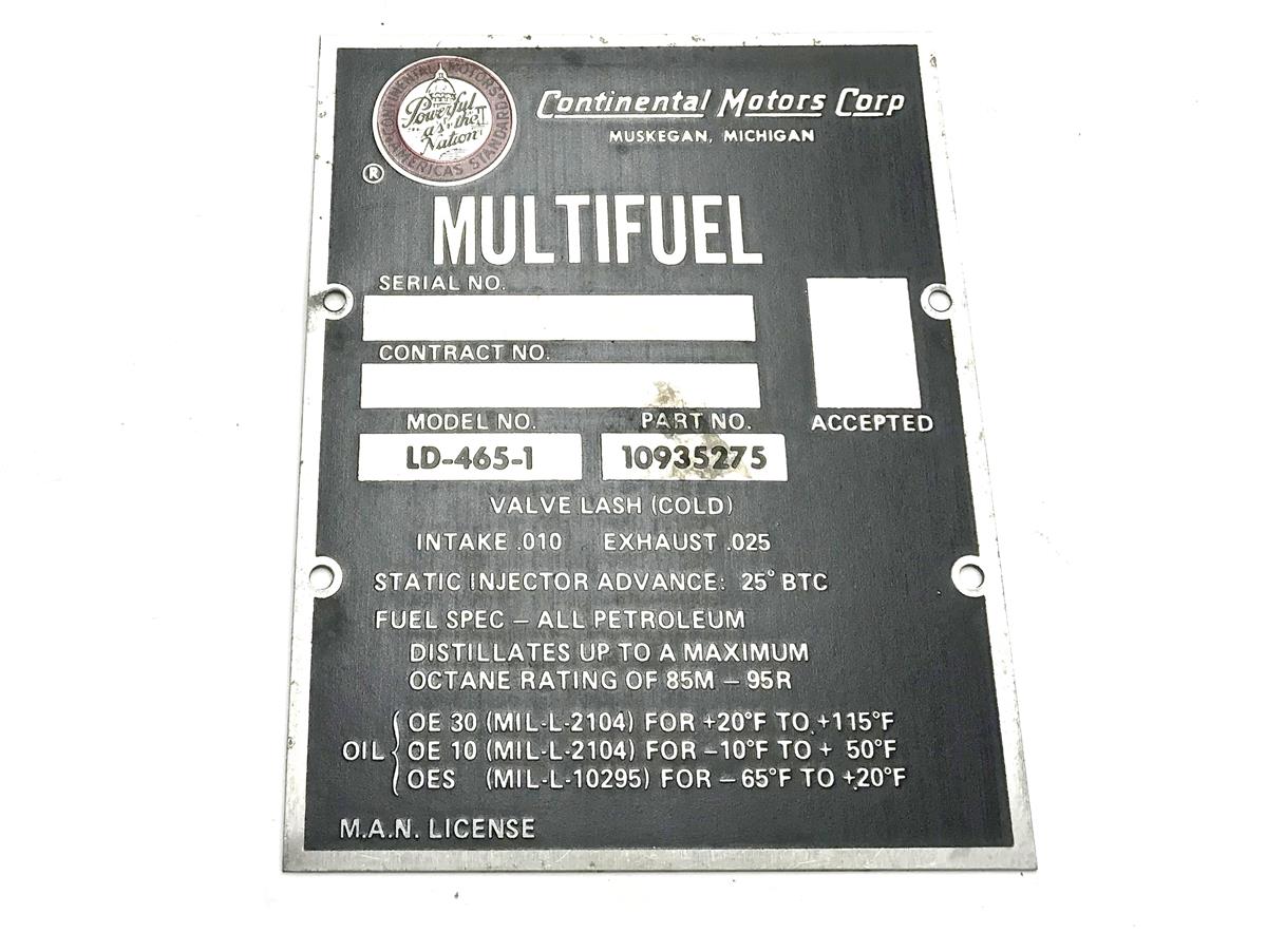 Continental Engine Multifuel Engine Plate 4x5 Black